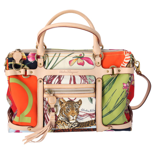 Salvatore Ferragamo Gancini Handbag Cream Beige Multi Nylon Leather