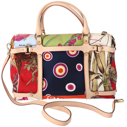 Salvatore Ferragamo Gancini Handbag Cream Beige Multi Nylon Leather