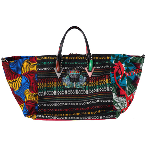 Christian Louboutin Africaba Tote Bag Black Red Multi Jacquard Cotton Leather