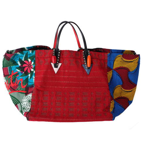 Christian Louboutin Africaba Tote Bag Black Red Multi Jacquard Cotton Leather
