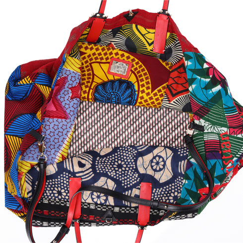 Christian Louboutin Africaba Tote Bag Black Red Multi Jacquard Cotton Leather