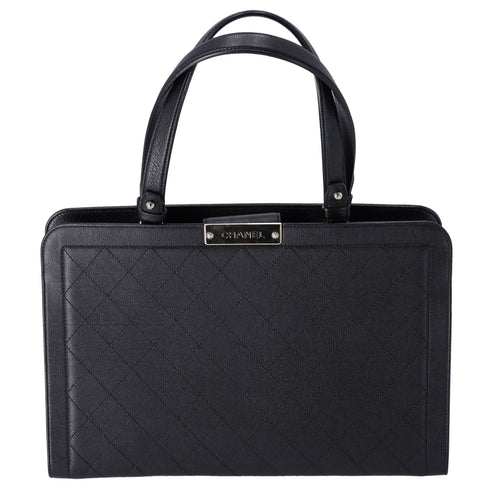 CHANEL Large Label Click Shopper Tote Black Stitched Grained Calfskin