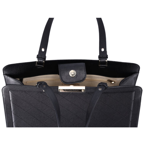 CHANEL Large Label Click Shopper Tote Black Stitched Grained Calfskin