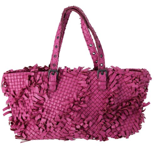 Bottega Veneta Lido Patchwork Large Tote Fringe Intrecciato Pink Leather