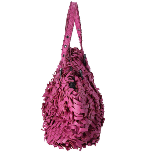 Bottega Veneta Lido Patchwork Large Tote Fringe Intrecciato Pink Leather