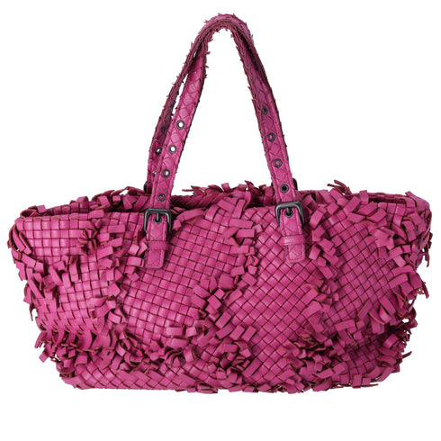 Bottega Veneta Lido Patchwork Large Tote Fringe Intrecciato Pink Leather
