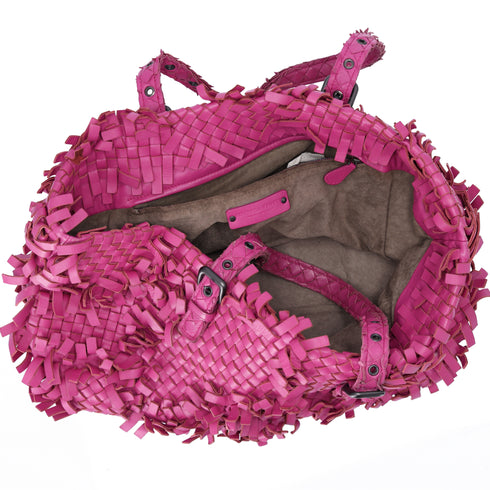 Bottega Veneta Lido Patchwork Large Tote Fringe Intrecciato Pink Leather