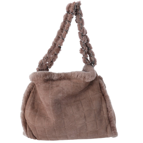 Chanel Chocolate Bar Shearling Suede Stitched CC Tote Dark Brown