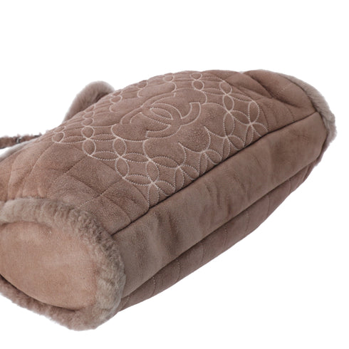 Chanel Chocolate Bar Shearling Suede Stitched CC Tote Dark Brown