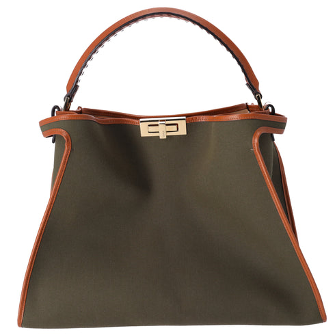 FENDI Peekaboo XL Large Handbag 8BN304 Khaki Brown Canvas