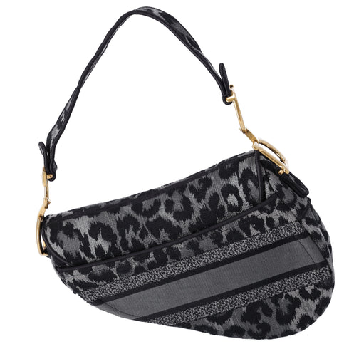 Christian Dior Saddle Bag Handbag Gray Black Leopard Jacquard