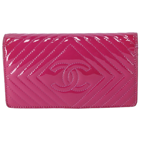 CHANEL V Stitch Chevron Long Bifold Wallet Pink Patent Leather