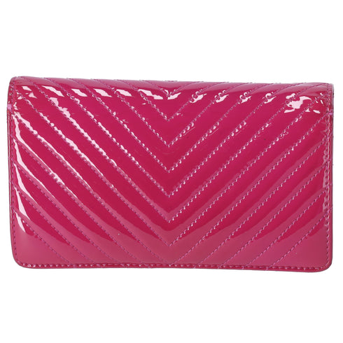CHANEL V Stitch Chevron Long Bifold Wallet Pink Patent Leather
