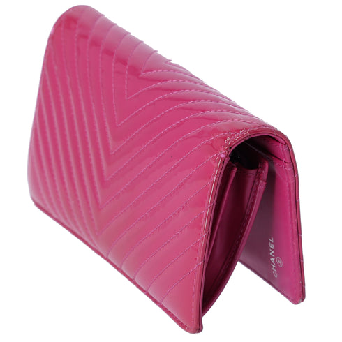 CHANEL V Stitch Chevron Long Bifold Wallet Pink Patent Leather