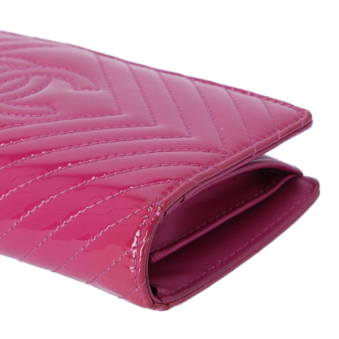 CHANEL V Stitch Chevron Long Bifold Wallet Pink Patent Leather