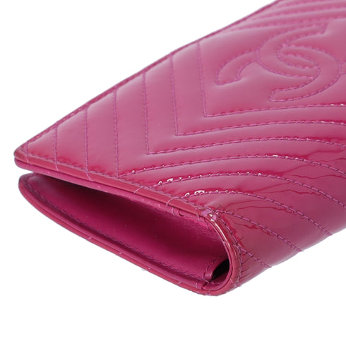 CHANEL V Stitch Chevron Long Bifold Wallet Pink Patent Leather