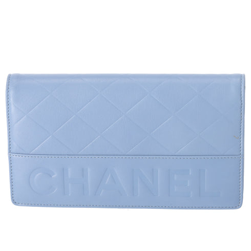 CHANEL Long Bifold Wallet Light Blue Leather Logo