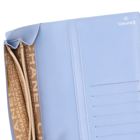 CHANEL Long Bifold Wallet Light Blue Leather Logo