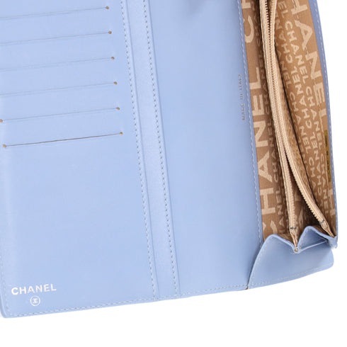 CHANEL Long Bifold Wallet Light Blue Leather Logo