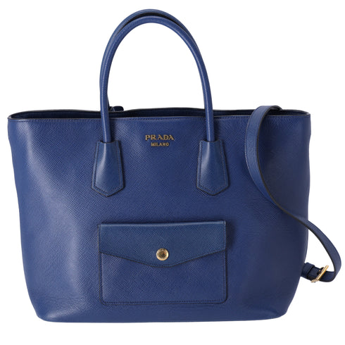 PRADA Logo Tote Bag BN2729 Blue Saffiano Cuir Leather