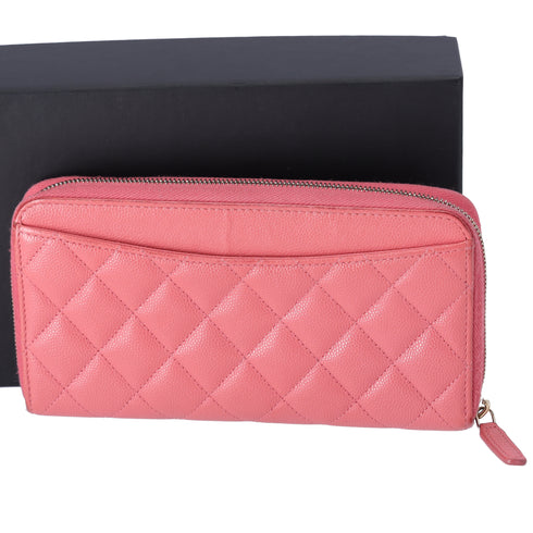 CHANEL Matelasse Long Zippy Wallet Pink Calfskin Caviar Leather