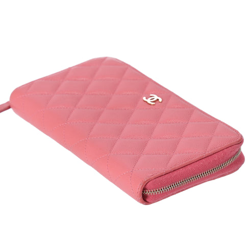 CHANEL Matelasse Long Zippy Wallet Pink Calfskin Caviar Leather