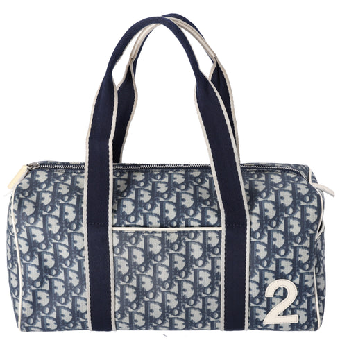 Christian Dior Trotter Boston Bag Light gray Navy Blue PVC Patent Leather