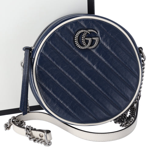 GUCCI GG Marmont Round Shoulder Bag 550154 Navy White Leather