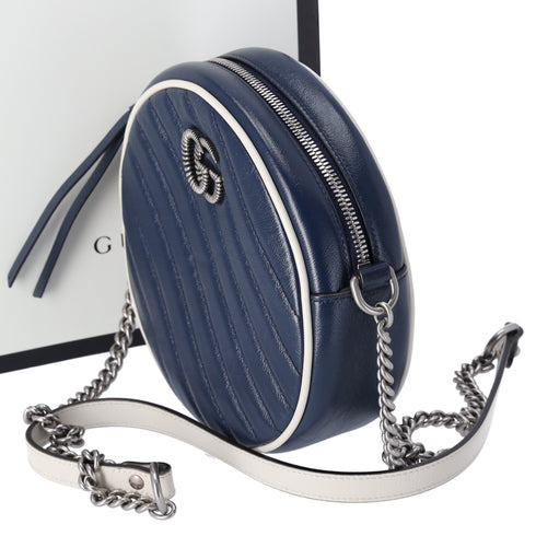 GUCCI GG Marmont Round Shoulder Bag 550154 Navy White Leather
