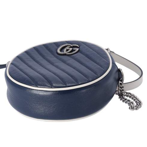 GUCCI GG Marmont Round Shoulder Bag 550154 Navy White Leather