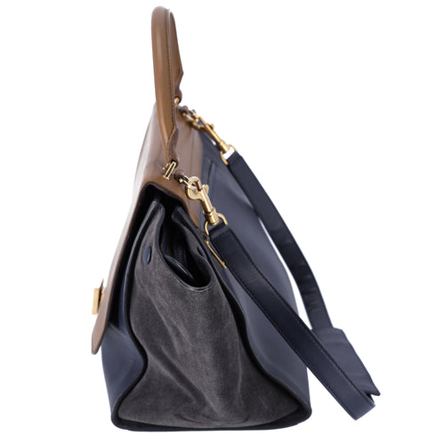 Celine Trapeze Medium Handbag Light Brown Dark Navy Leather Suede