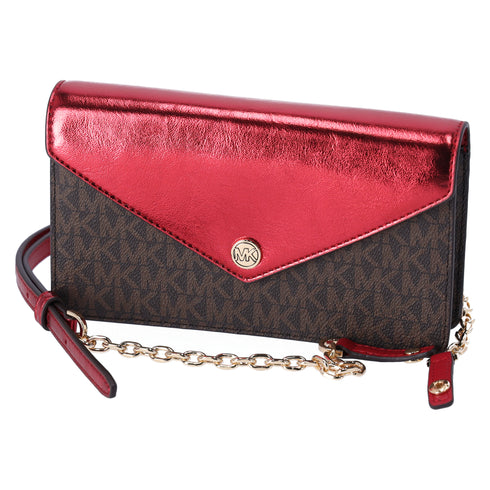 Michael Kors Jet Set Travel Small Signature Clutch Crossbody Brown Crimson Red