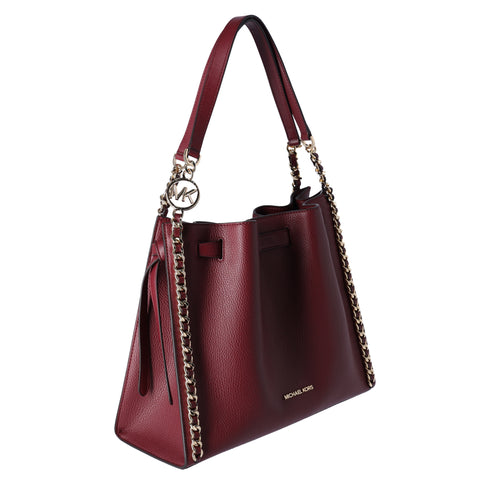 Michael Kors Mina Large Chain Shoulder Bag Hobo Tote Dark Cherry Pebbled Leather