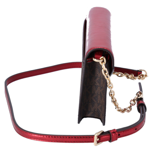 Michael Kors Jet Set Travel Small Signature Clutch Crossbody Brown Crimson Red