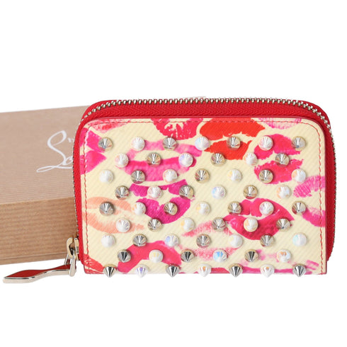 Christian Louboutin Spiked Coin Case Light Yellow Red Multi Patent Leather Christian Louboutin Wallets