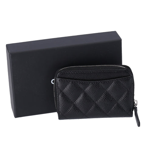 CHANEL Quilted Zip Card Wallet Caviar Leather Black