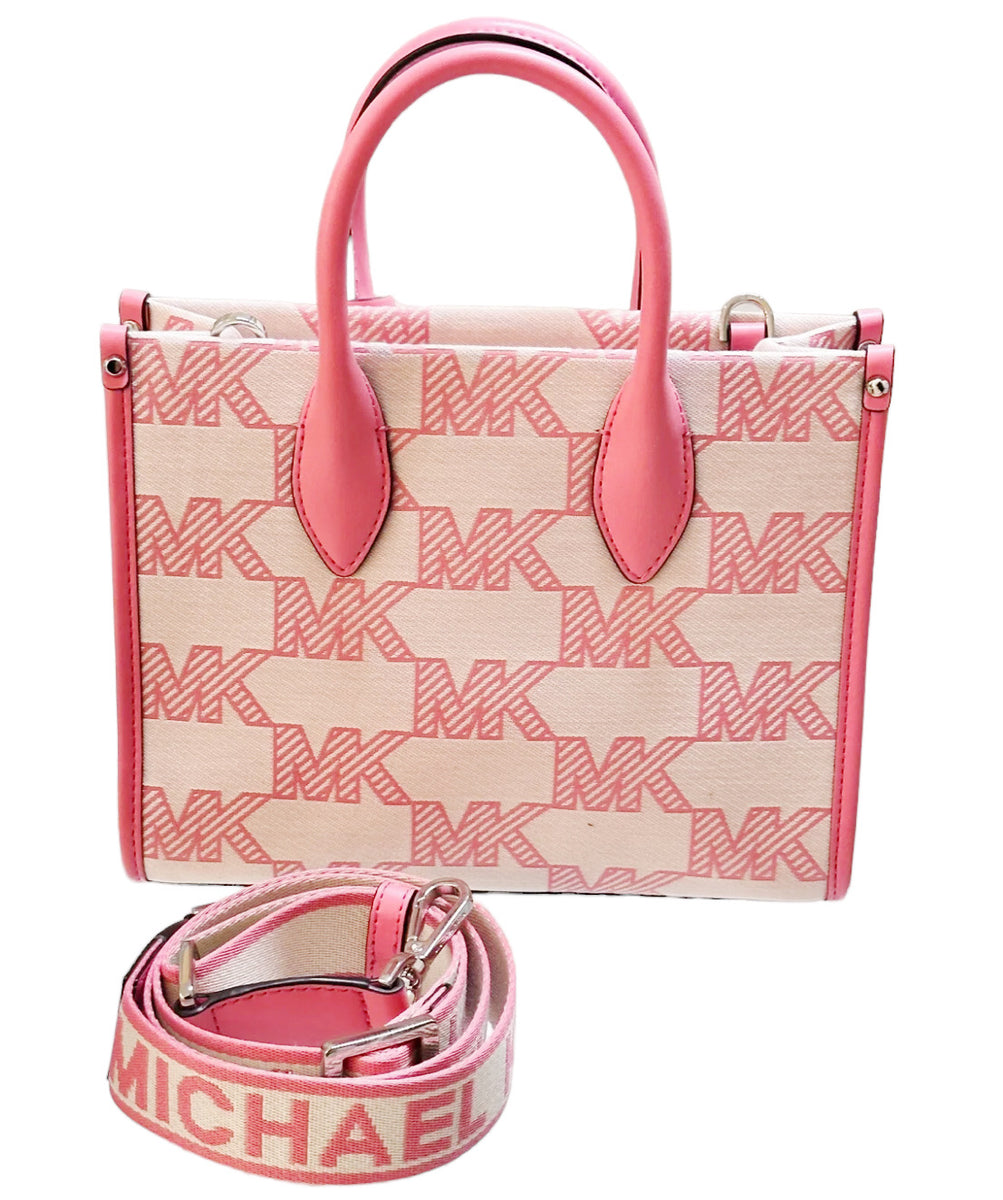 Michael Kors Mirella Small Shopper Top Zip Crossbody Tea Rose Pink Jacquard  MK