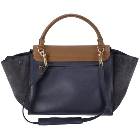 Celine Trapeze Medium Handbag Light Brown Dark Navy Leather Suede