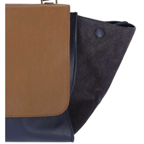 Celine Trapeze Medium Handbag Light Brown Dark Navy Leather Suede