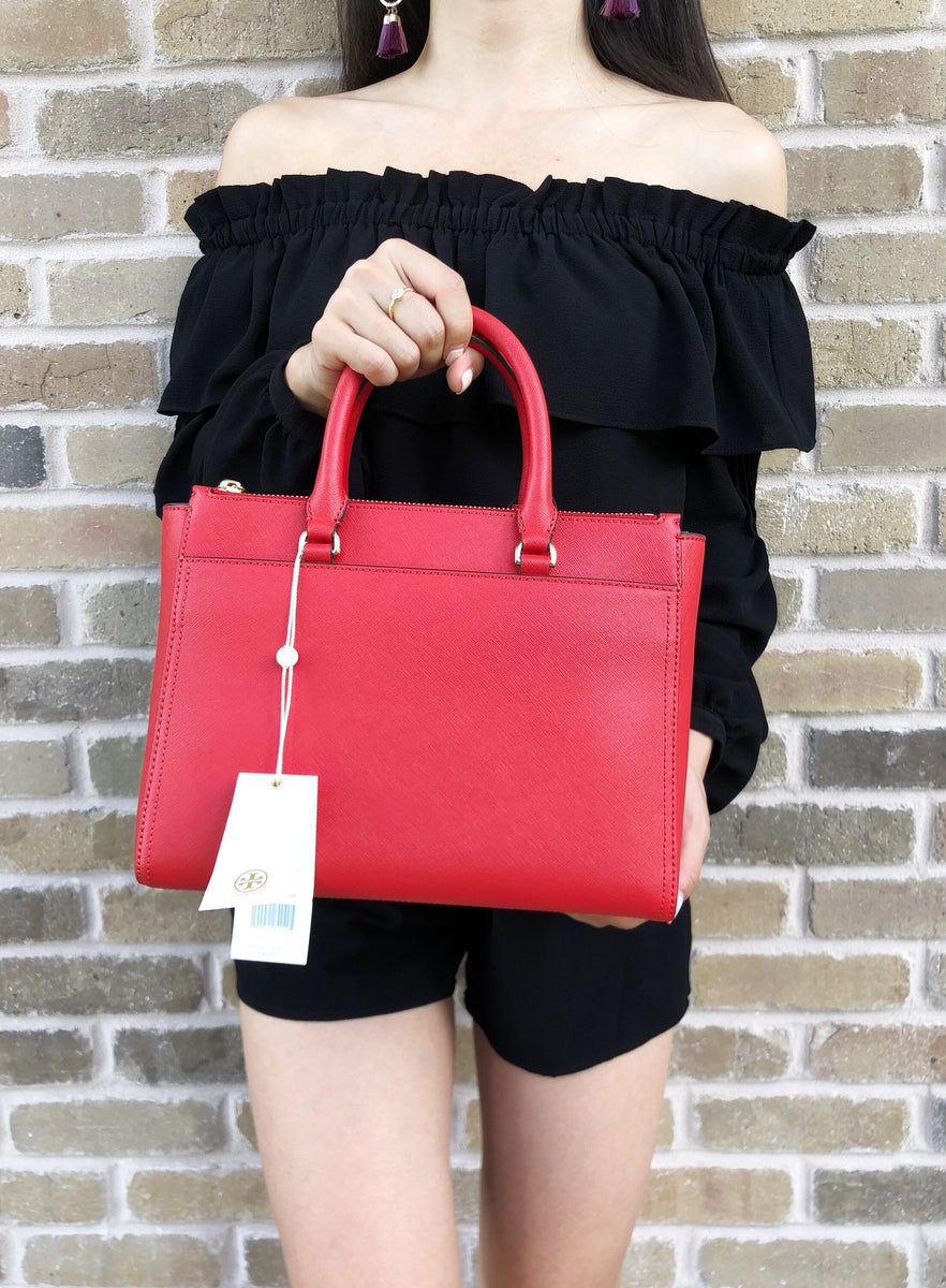 Tory Burch Robinson Small Double Zip Tote Satchel Bag Poppy Orange