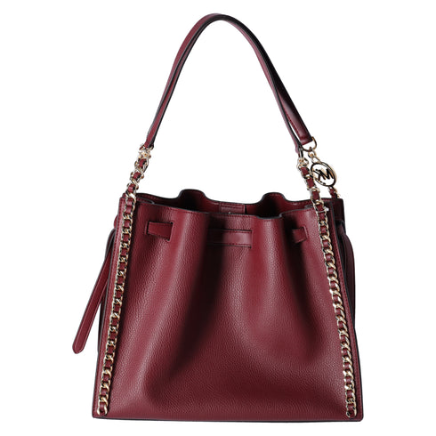 Michael Kors Mina Large Chain Shoulder Bag Hobo Tote Dark Cherry Pebbled Leather