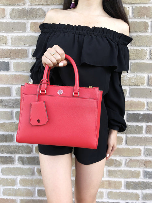 Tory Burch Robinson Small Double-Zip Satchel Bag Poppy Orange Red