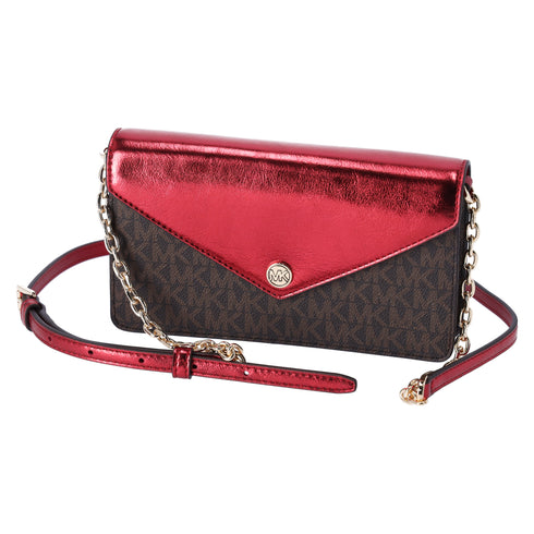 Michael Kors Jet Set Travel Small Signature Clutch Crossbody Brown Crimson Red