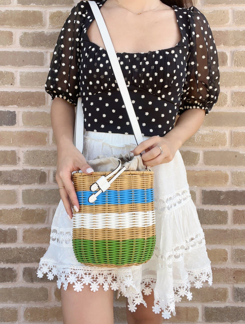 Kate Spade Buoy Wicker Medium Bucket Shoulder Crossbody Drawstring Bag Multi kate spade Handbags & Purses