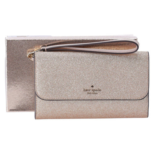 Kate Spade Glimmer Boxed Medium Flap Phone Wristlet Wallet Gold Glitter Holiday kate spade Wallets