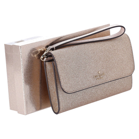 Kate Spade Glimmer Boxed Medium Flap Phone Wristlet Wallet Gold Glitter Holiday kate spade Wallets