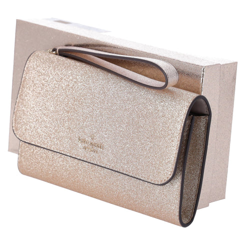 Kate Spade Glimmer Boxed Medium Flap Phone Wristlet Wallet Gold Glitter Holiday kate spade Wallets