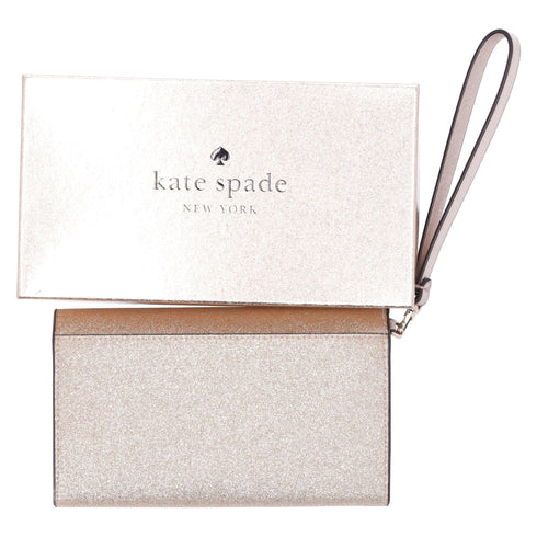 Kate Spade Glimmer Boxed Medium Flap Phone Wristlet Wallet Gold Glitter Holiday kate spade Wallets