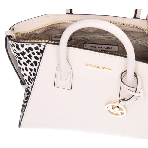 Michael Kors Avril Small Leather Cheetah Print Calf Hair Satchel Light Cream Michael Kors Handbags
