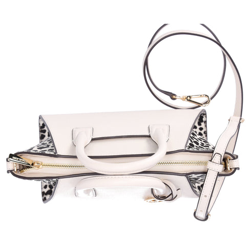 Michael Kors Avril Small Leather Cheetah Print Calf Hair Satchel Light Cream Michael Kors Handbags